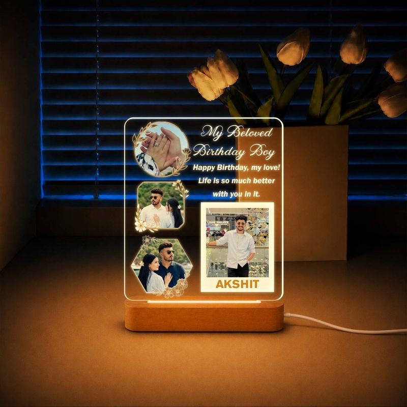 Personalized Birthday Boy LED Acrylic Photo Frame with Wooden Base  Birthday Night Light Gift for Men, Husband, Boyfriend, Fiancé & Soulmate – Romantic Bedroom Decor Table Lamp